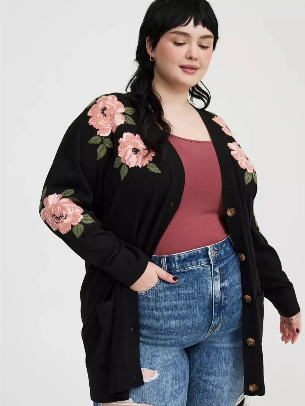 Torrid Boyfriend Fit Floral Print Black Cardigan Size 1